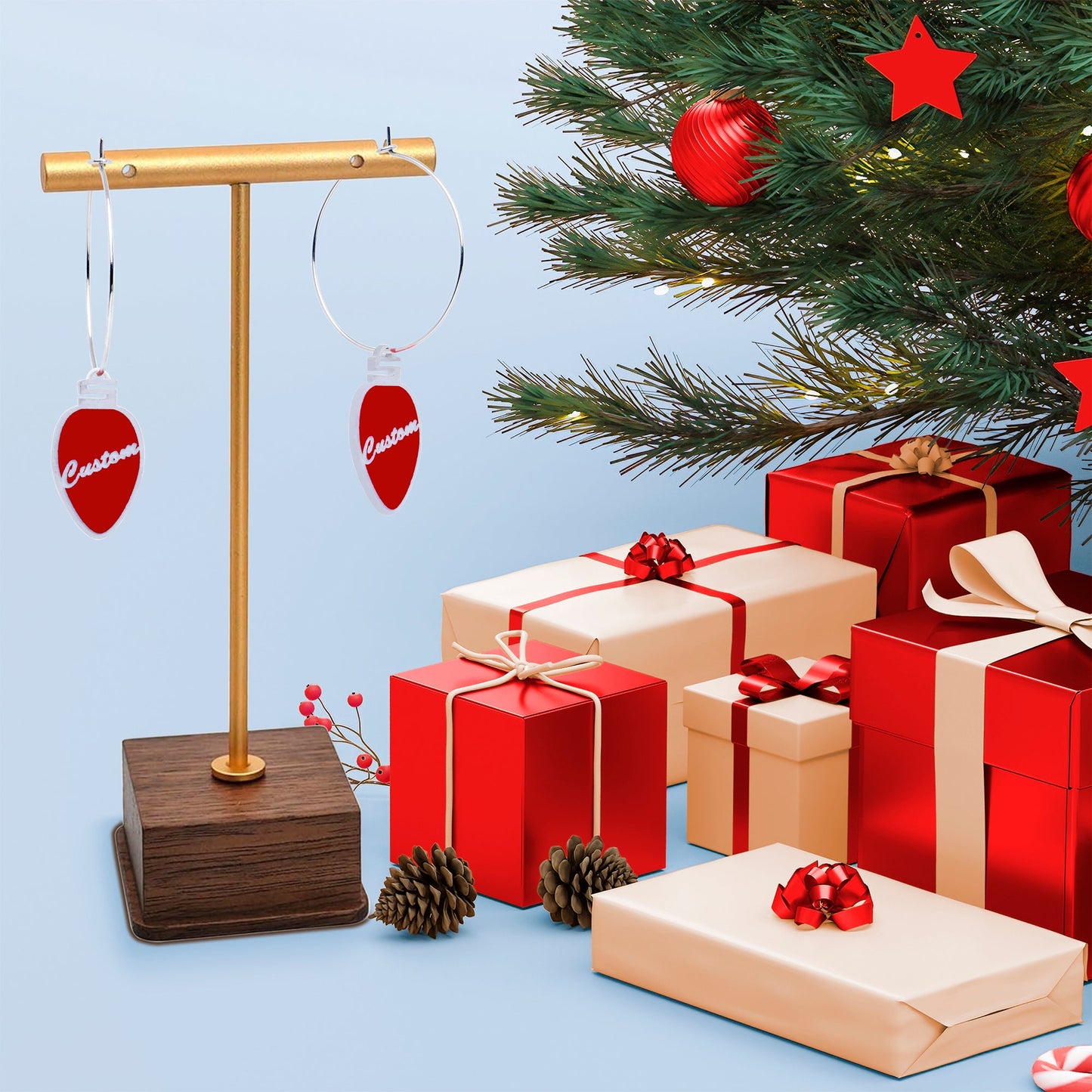 Custom Red Holiday Ornament Personalized Hoop Earrings