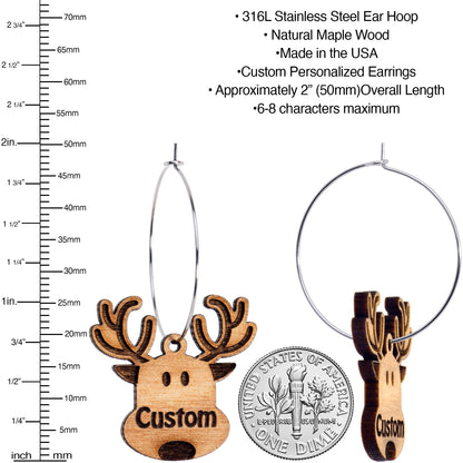 Custom Natural Wood Holiday Reindeer Personalized Hoop Earrings