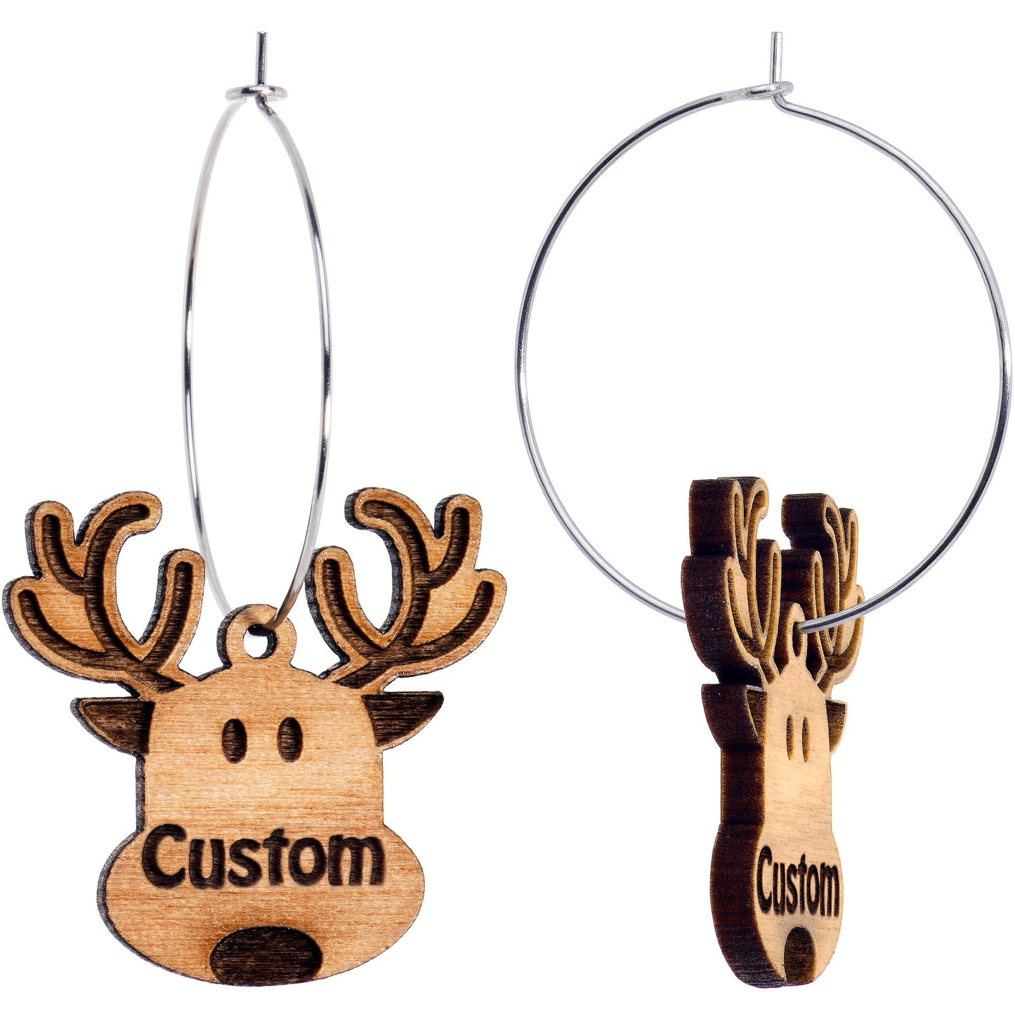 Custom Natural Wood Holiday Reindeer Personalized Hoop Earrings