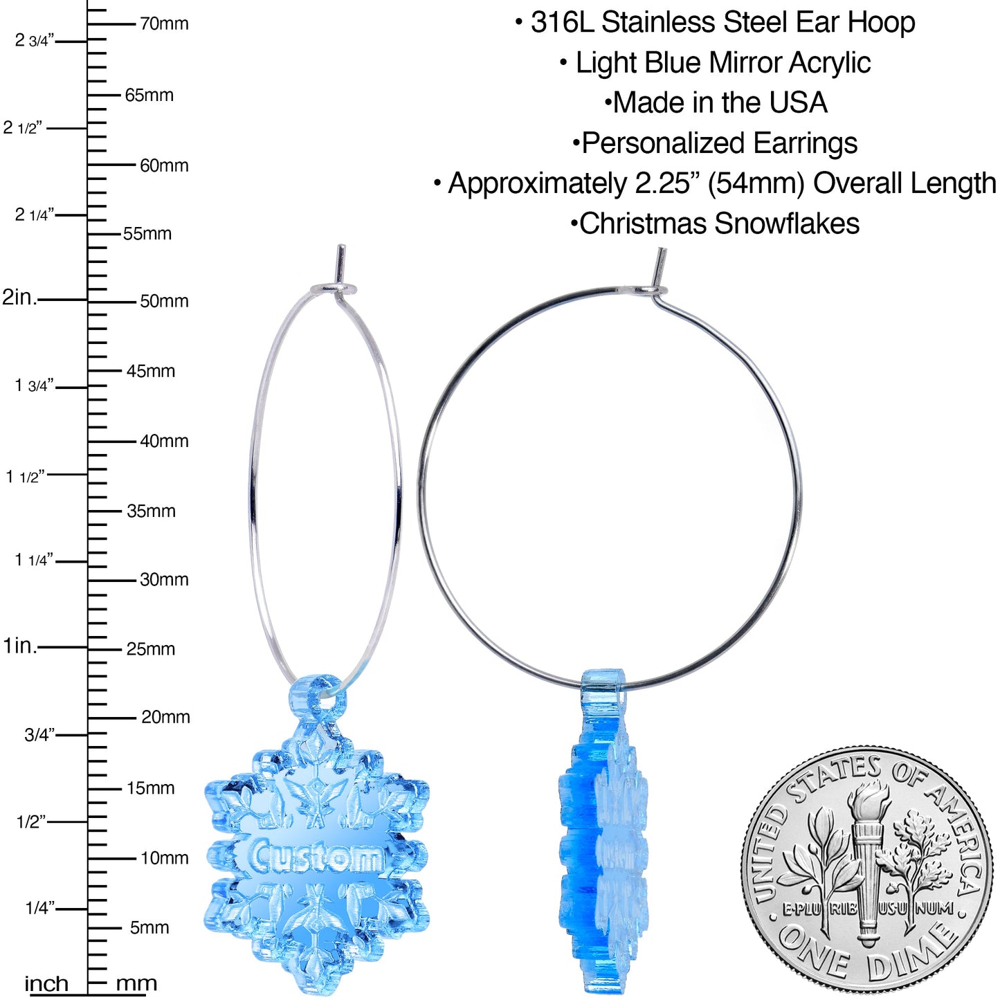 Custom Blue Winter Snowflake Personalized Hoop Earrings