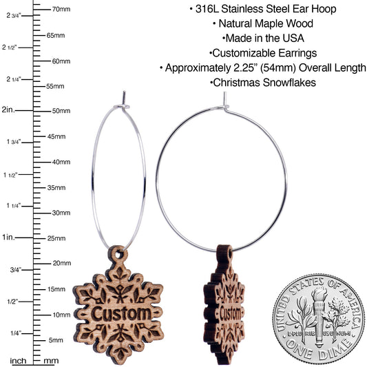 Custom Natural Wood Snowflake Personalized Hoop Earrings