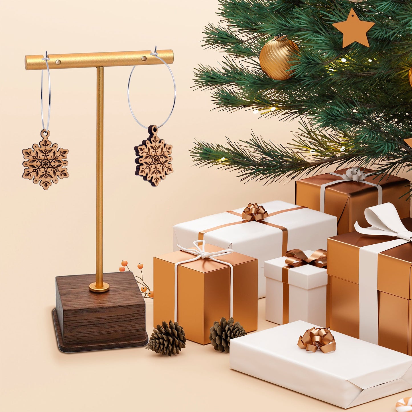 Natural Wood Snowflake Hoop Earrings