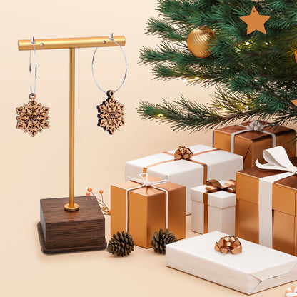 Natural Wood Snowflake Hoop Earrings