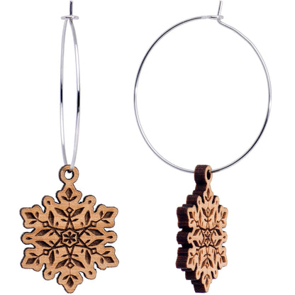 Natural Wood Snowflake Hoop Earrings
