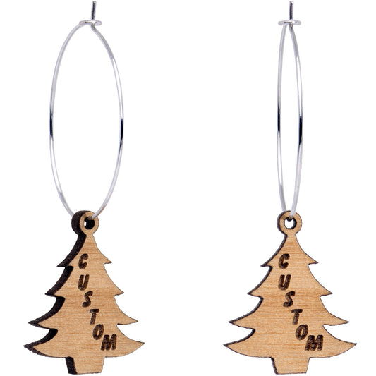 Custom Natural Wood Christmas Tree Personalized Hoop Earrings