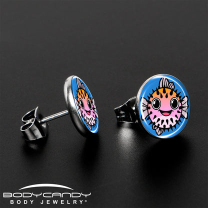 Swimming Pink Pufferfish Stud Earrings by Onyx O