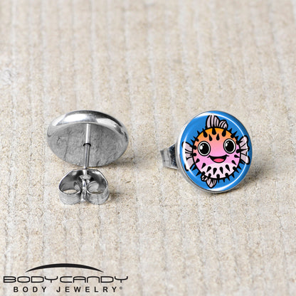 Swimming Pink Pufferfish Stud Earrings by Onyx O