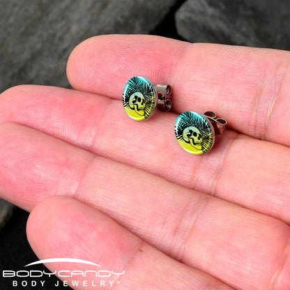 Blue Haze Sunset Skull and Palms Stud Earrings by Onyx O
