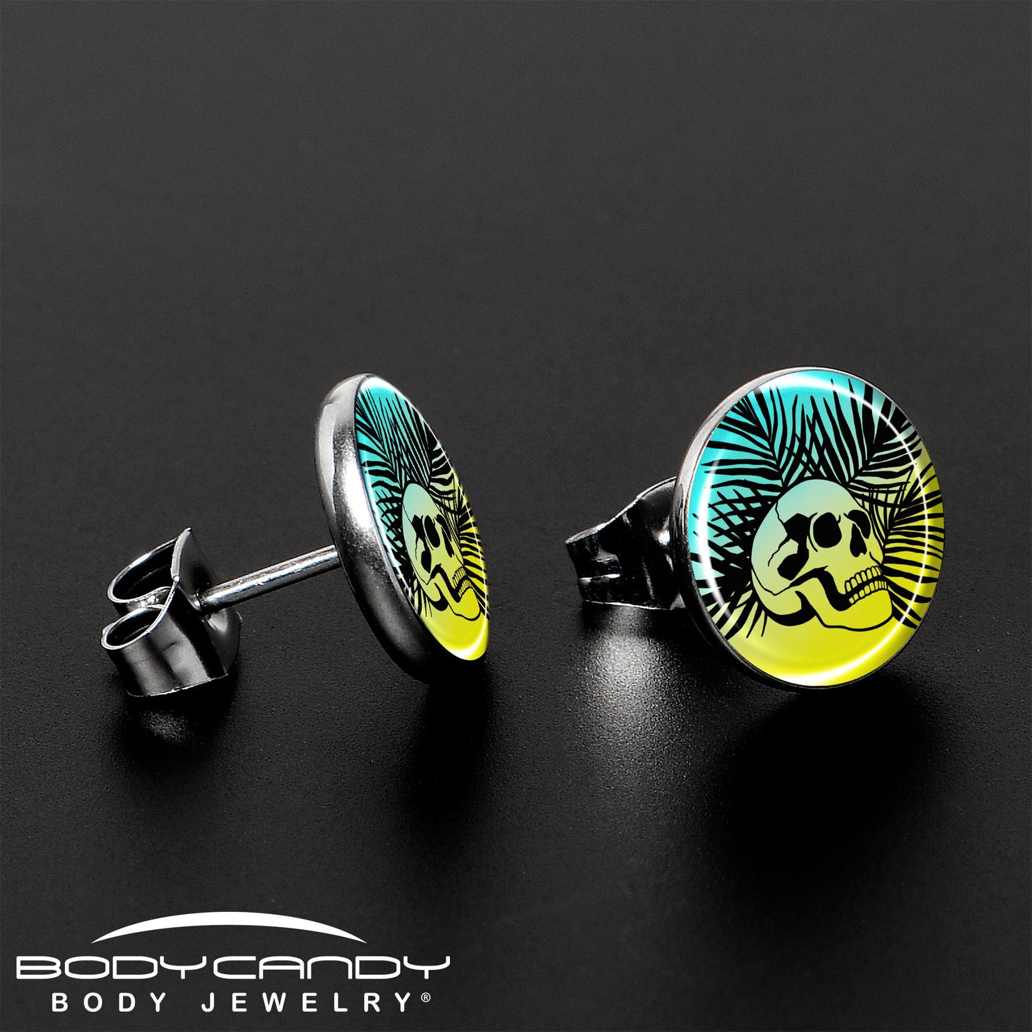 Blue Haze Sunset Skull and Palms Stud Earrings by Onyx O