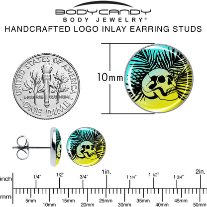 Blue Haze Sunset Skull and Palms Stud Earrings by Onyx O