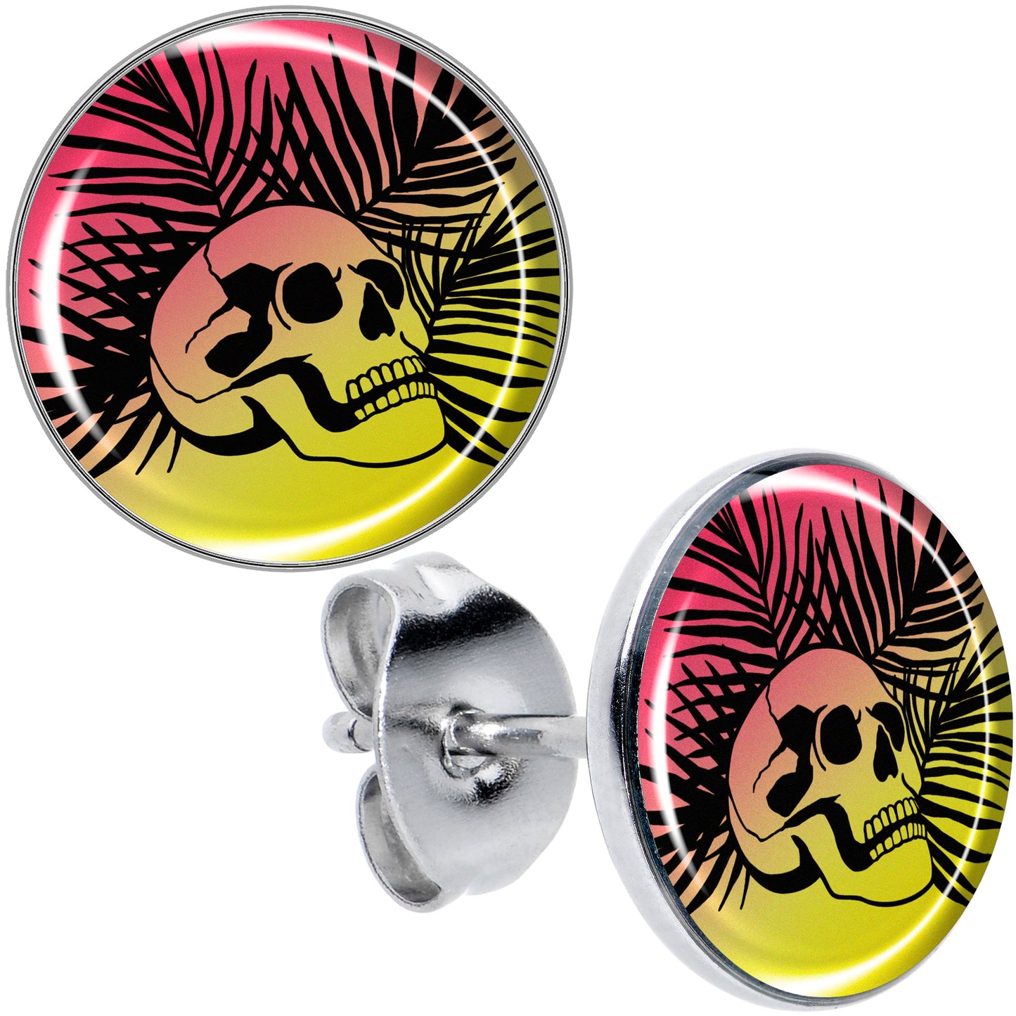 Red Haze Sunset Skull and Palms Stud Earrings by Onyx O