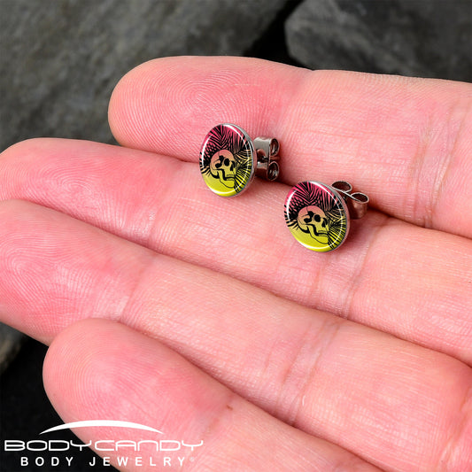 Red Haze Sunset Skull and Palms Stud Earrings by Onyx O