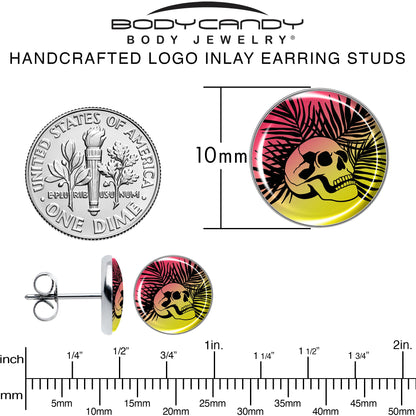 Red Haze Sunset Skull and Palms Stud Earrings by Onyx O