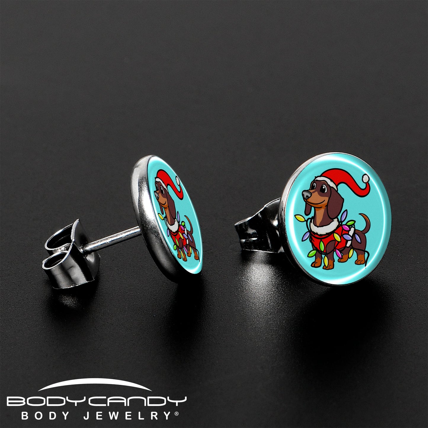 Christmas Holiday Weiner Dog Stud Earrings by Onyx O