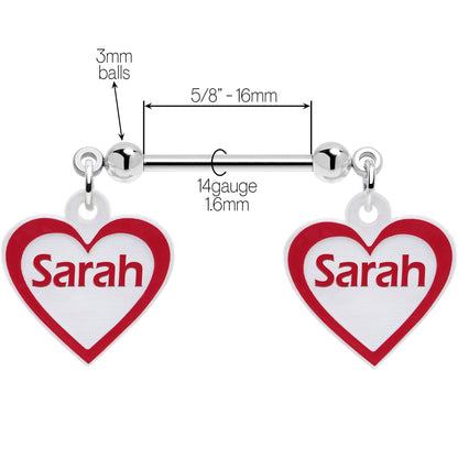 Custom Red White Heart Double Personalized Name Dangle Nipple Ring Set