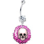 Clear Gem Blooming Pink Flower Skull Dangle Belly Ring by Onyx O