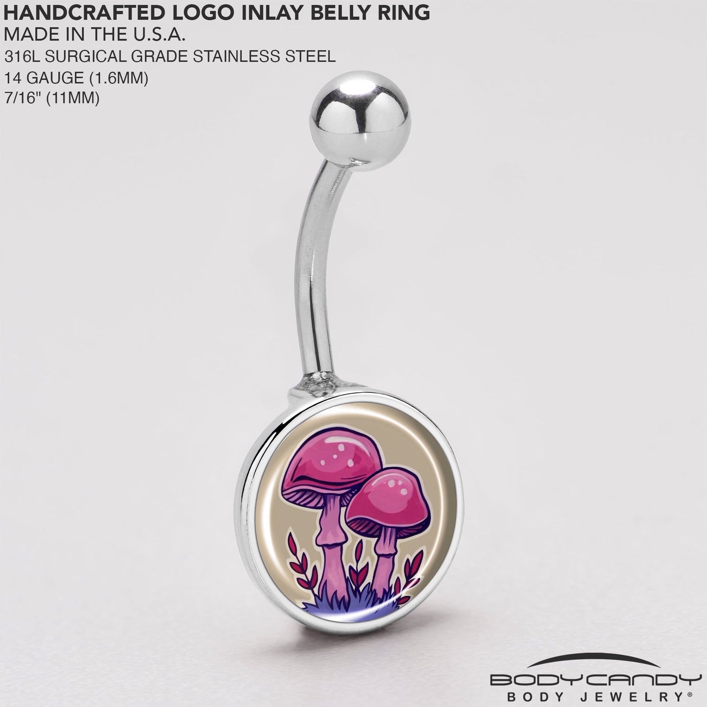 Artist Drawn Pink Mushrooms Belly Ring by Onyx O