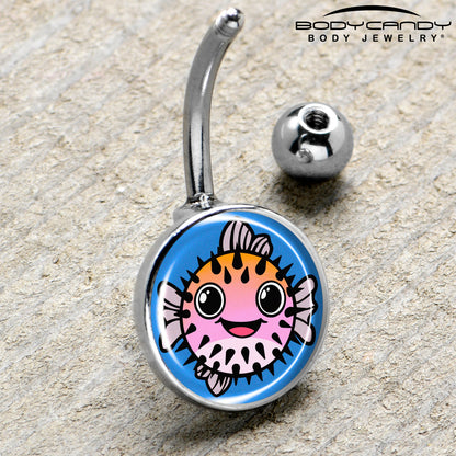 Swimming Pink Pufferfish Belly Ring by Onyx O