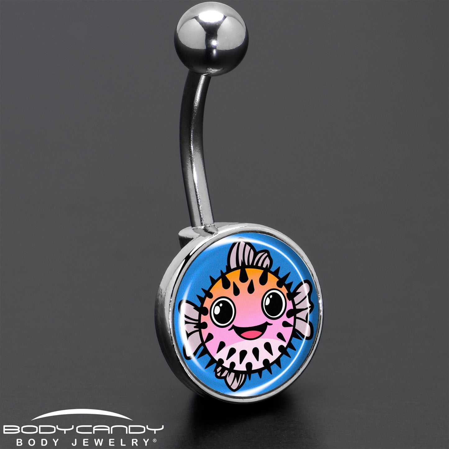 Swimming Pink Pufferfish Belly Ring by Onyx O