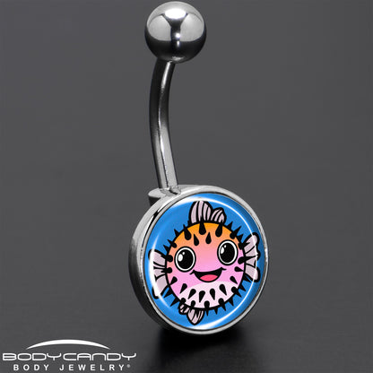 Swimming Pink Pufferfish Belly Ring by Onyx O