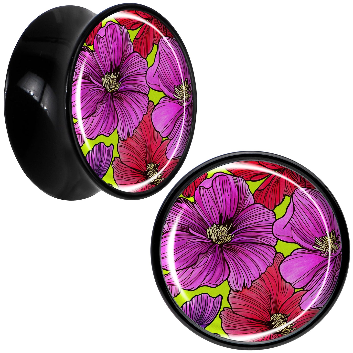 Blossom Creation Tropical Floral Flowers Black Acrylic Saddle Plug Set by Onyx O