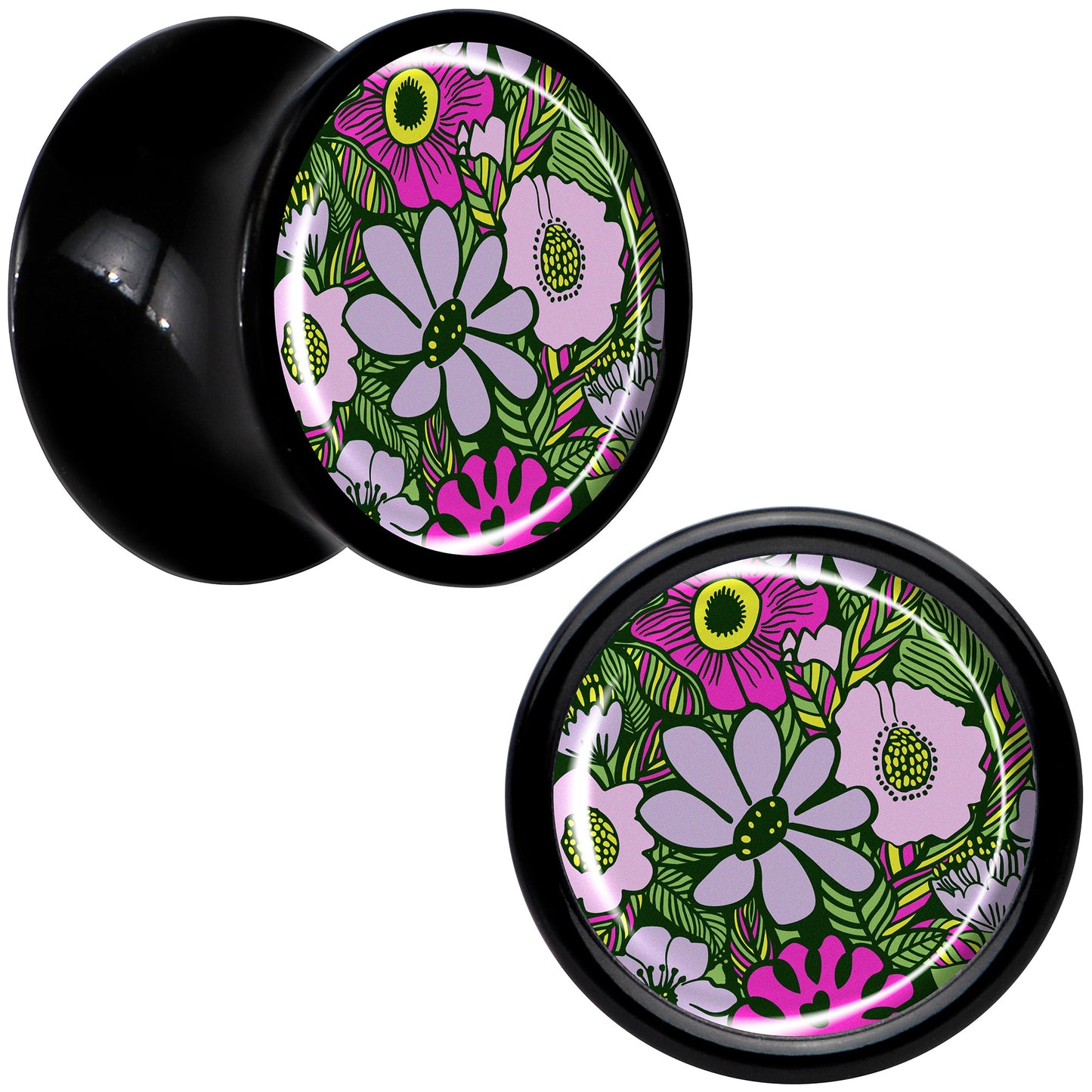 Blossom Creation Paradise of Pink Flowers Black Acrylic Saddle Plug Set by Onyx O