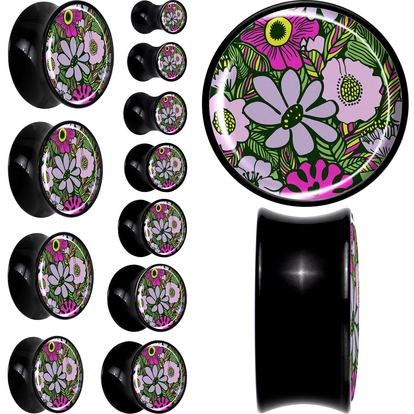 Blossom Creation Paradise of Pink Flowers Black Acrylic Saddle Plug Set by Onyx O