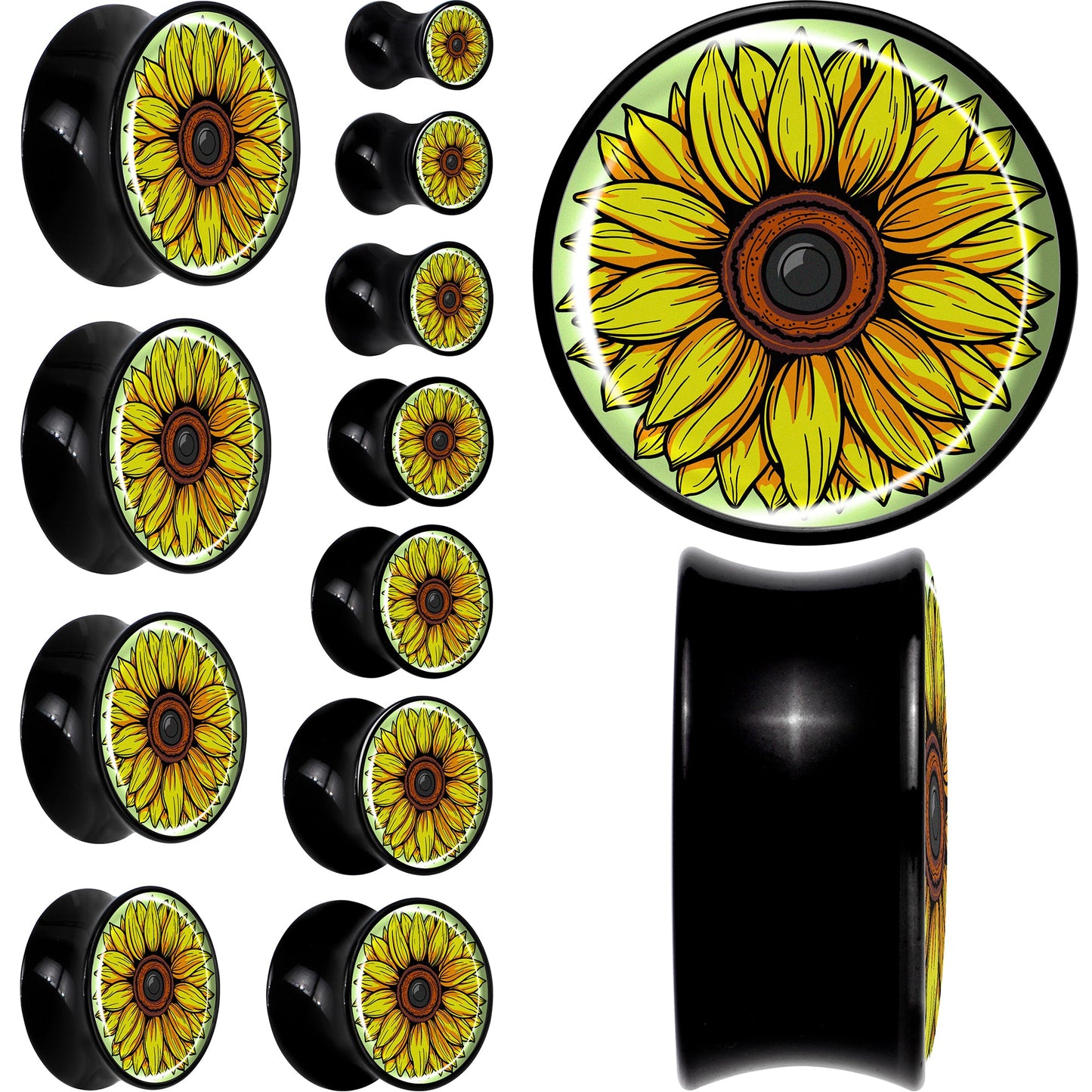 Blossom Creation Yellow Sunflower Black Acrylic Saddle Plug Set by Onyx O