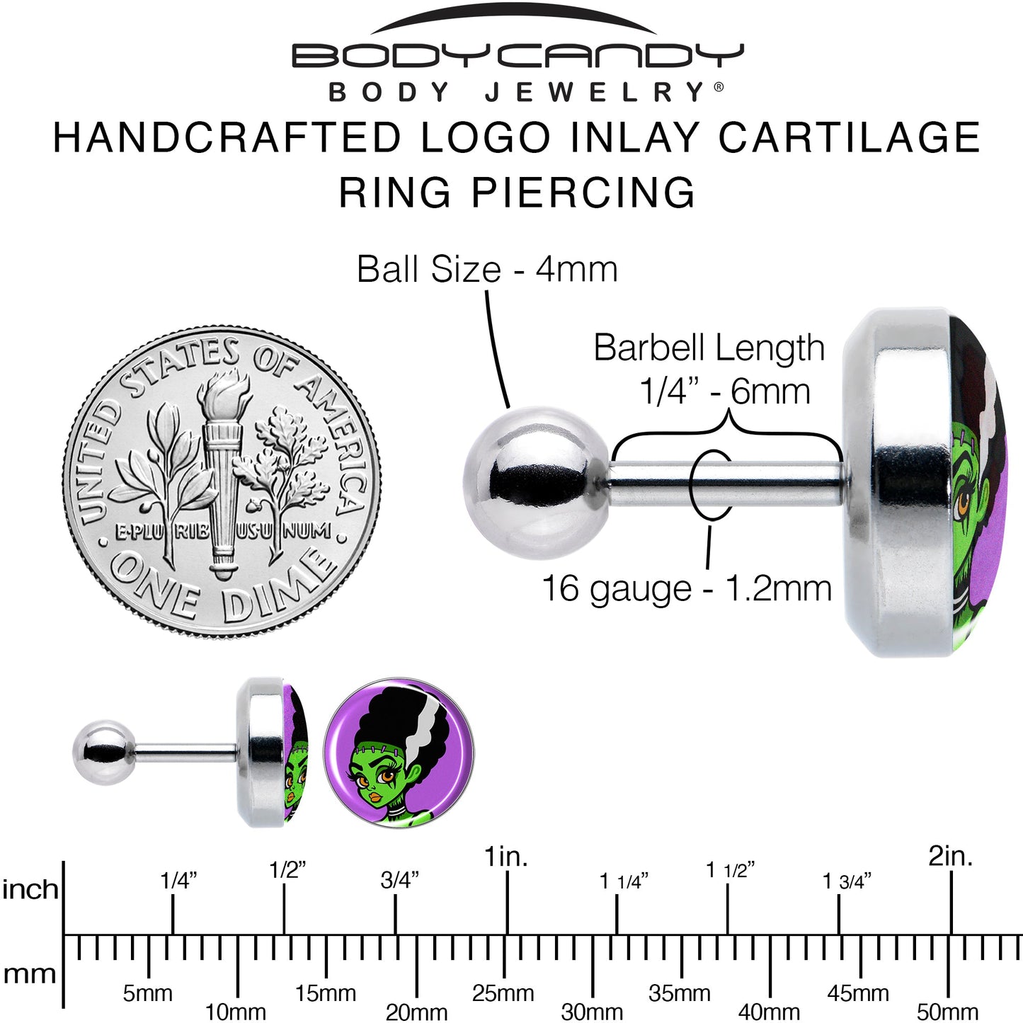 16G 1/4 Bride of Frankenstein Tragus Cartilage Earring by Onyx O