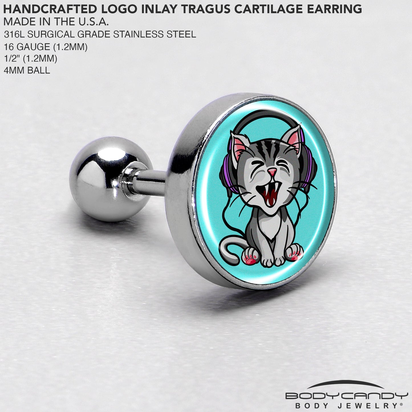 16G 1/4 Heavy Metal Kitty Cat Tragus Cartilage Earring by Onyx O