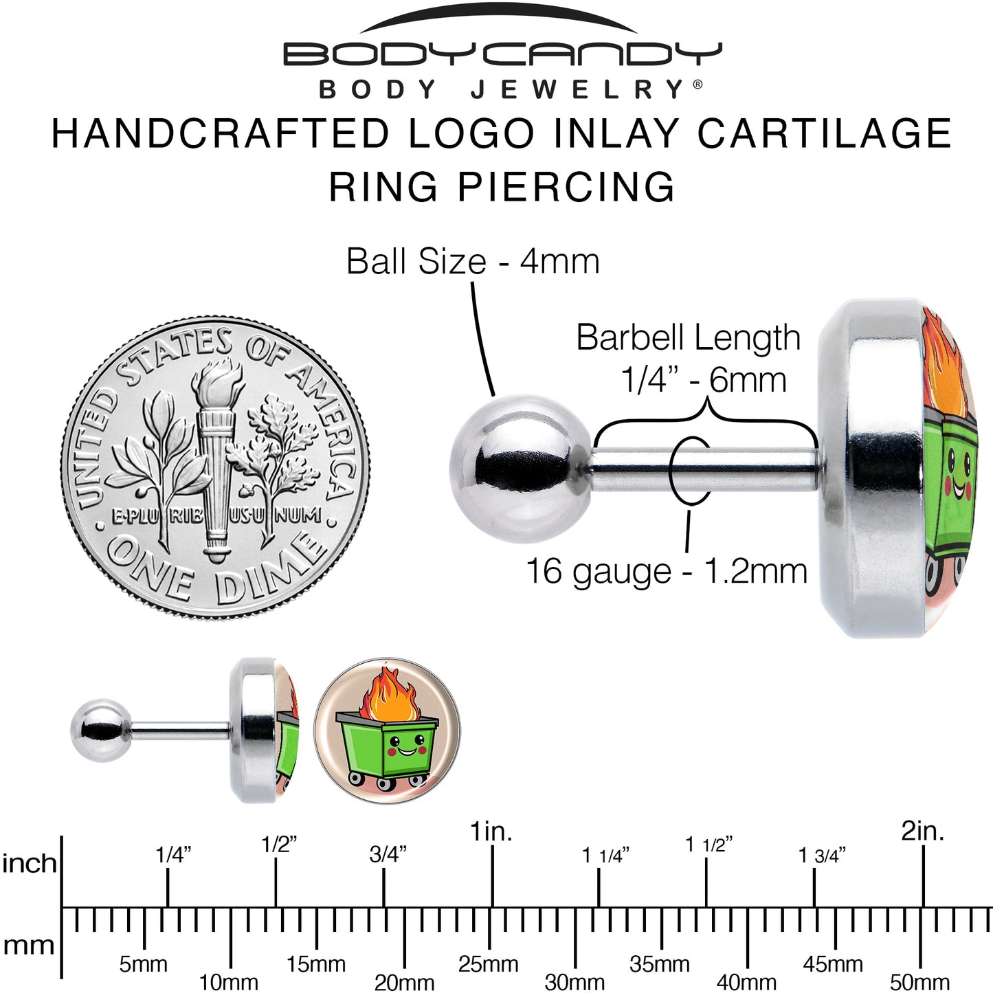 16G 1/4 Dumpster Fire Tragus Cartilage Earring by Onyx O