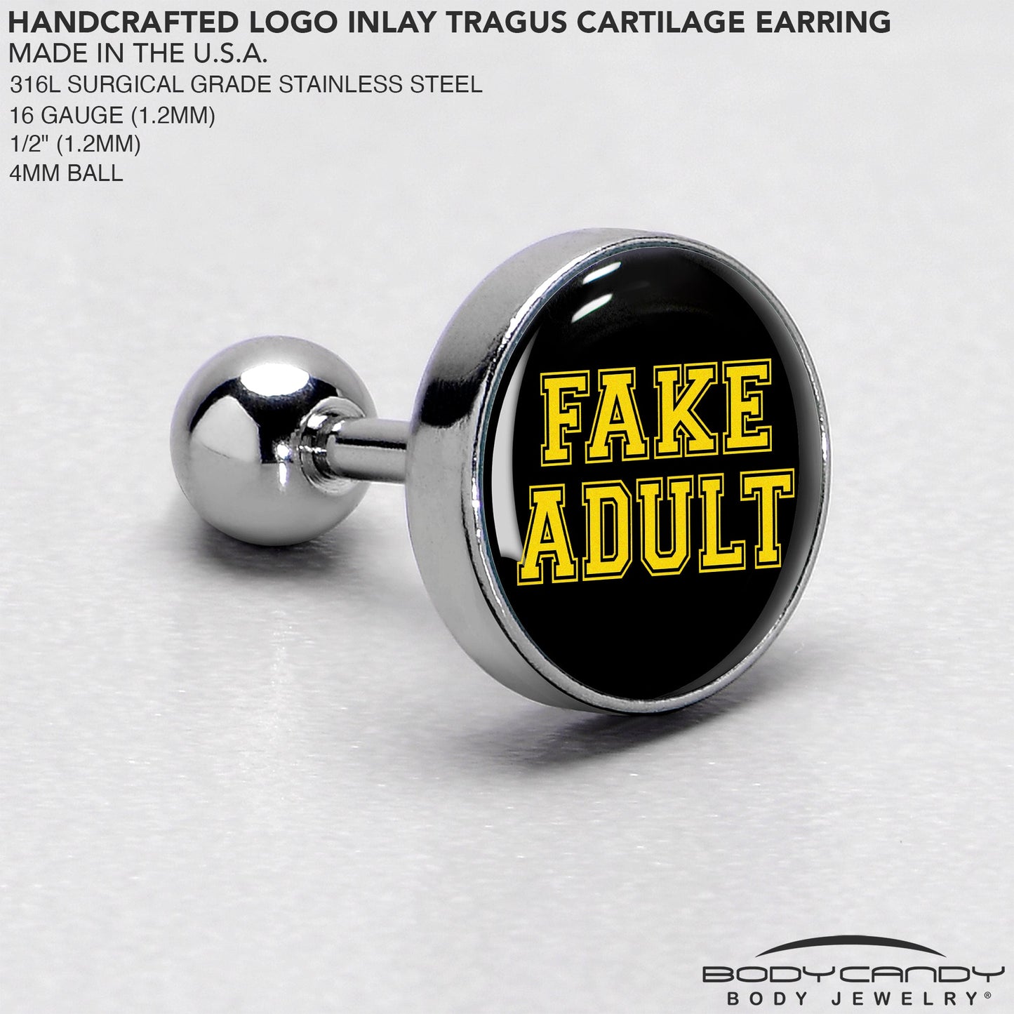 16G 1/4 Black Yellow Fake Adult Tragus Cartilage Earring by Onyx O