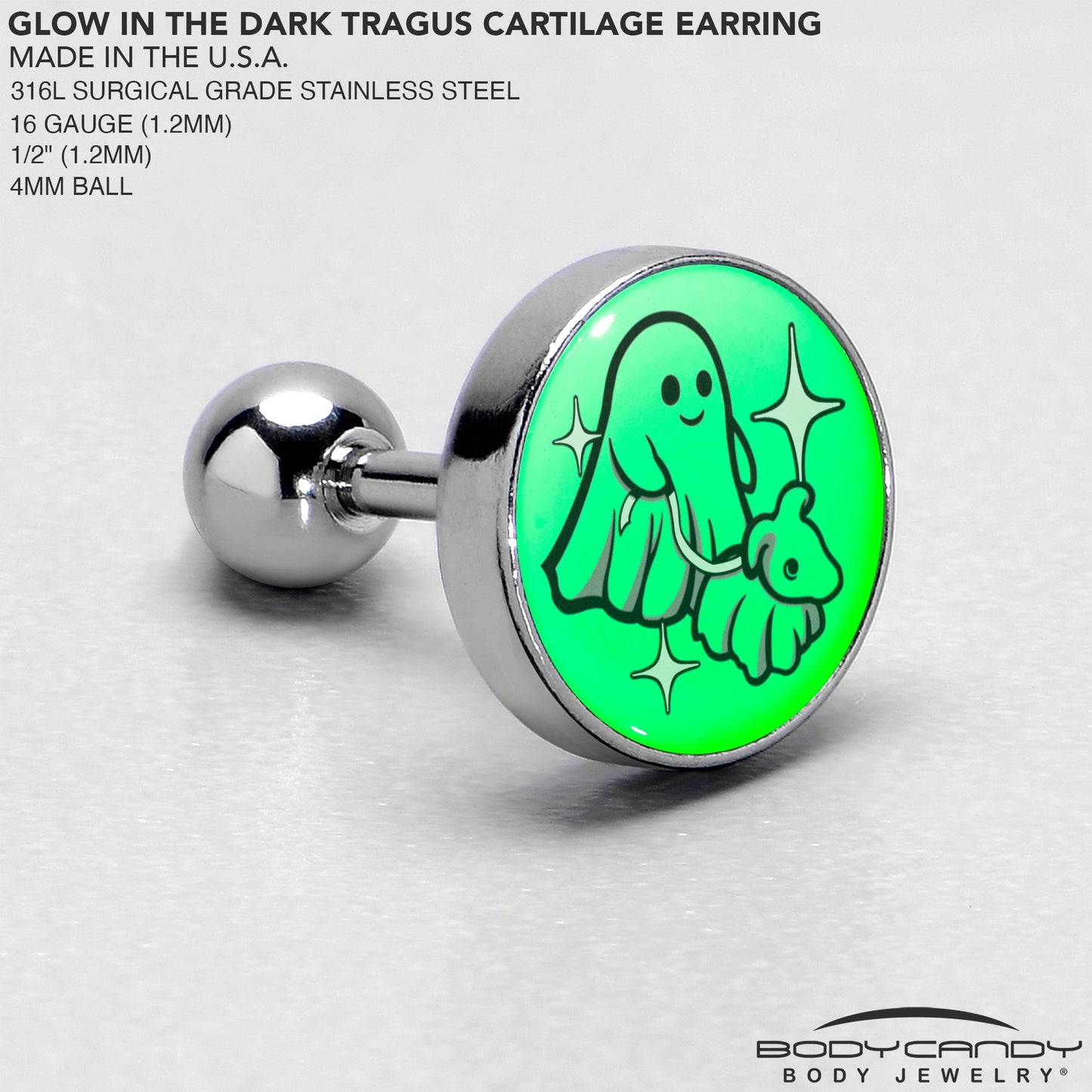16G 1/4 Glow in the Dark Halloween Ghost Dog Walker Tragus Cartilage Earring by Onyx O