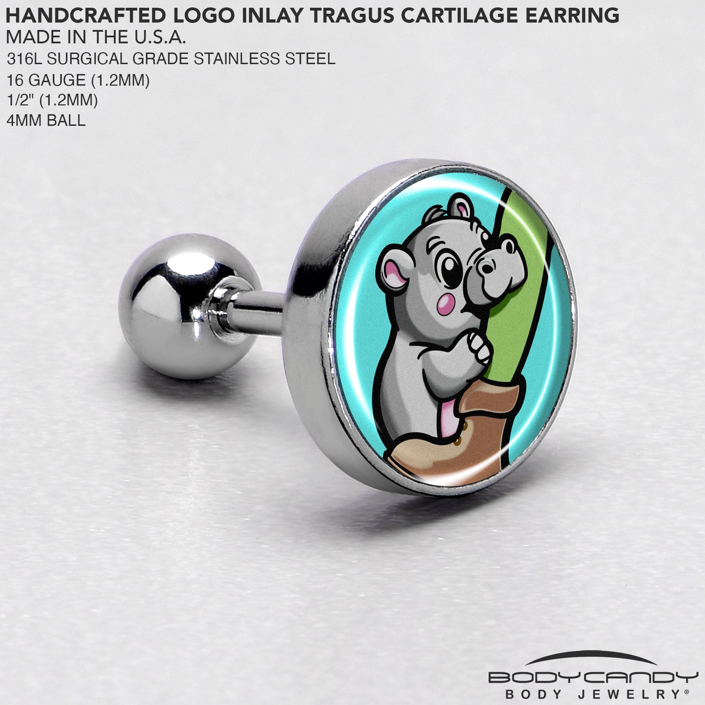 16G 1/4 Cute Biting Baby Hippo Cartilage Tragus Earring