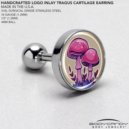 16G 1/4 Artist Drawn Pink Mushrooms Tragus Cartilage Earring by Onyx O