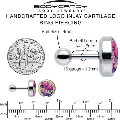 16G 1/4 Artist Drawn Pink Mushrooms Tragus Cartilage Earring by Onyx O