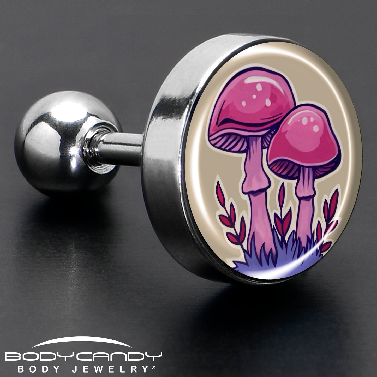 16G 1/4 Artist Drawn Pink Mushrooms Tragus Cartilage Earring by Onyx O