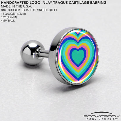 16G 1/4 Rainbow Retro Heart Tragus Cartilage Earring by Onyx O