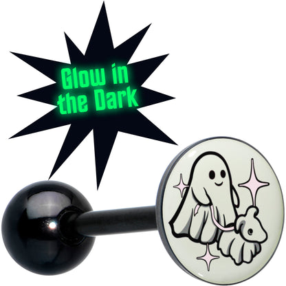Glow in the Dark Black Anodized Halloween Ghost and Dog Barbell Tongue Ring by Onyx O