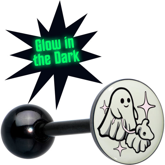 Glow in the Dark Black Anodized Halloween Ghost and Dog Barbell Tongue Ring by Onyx O