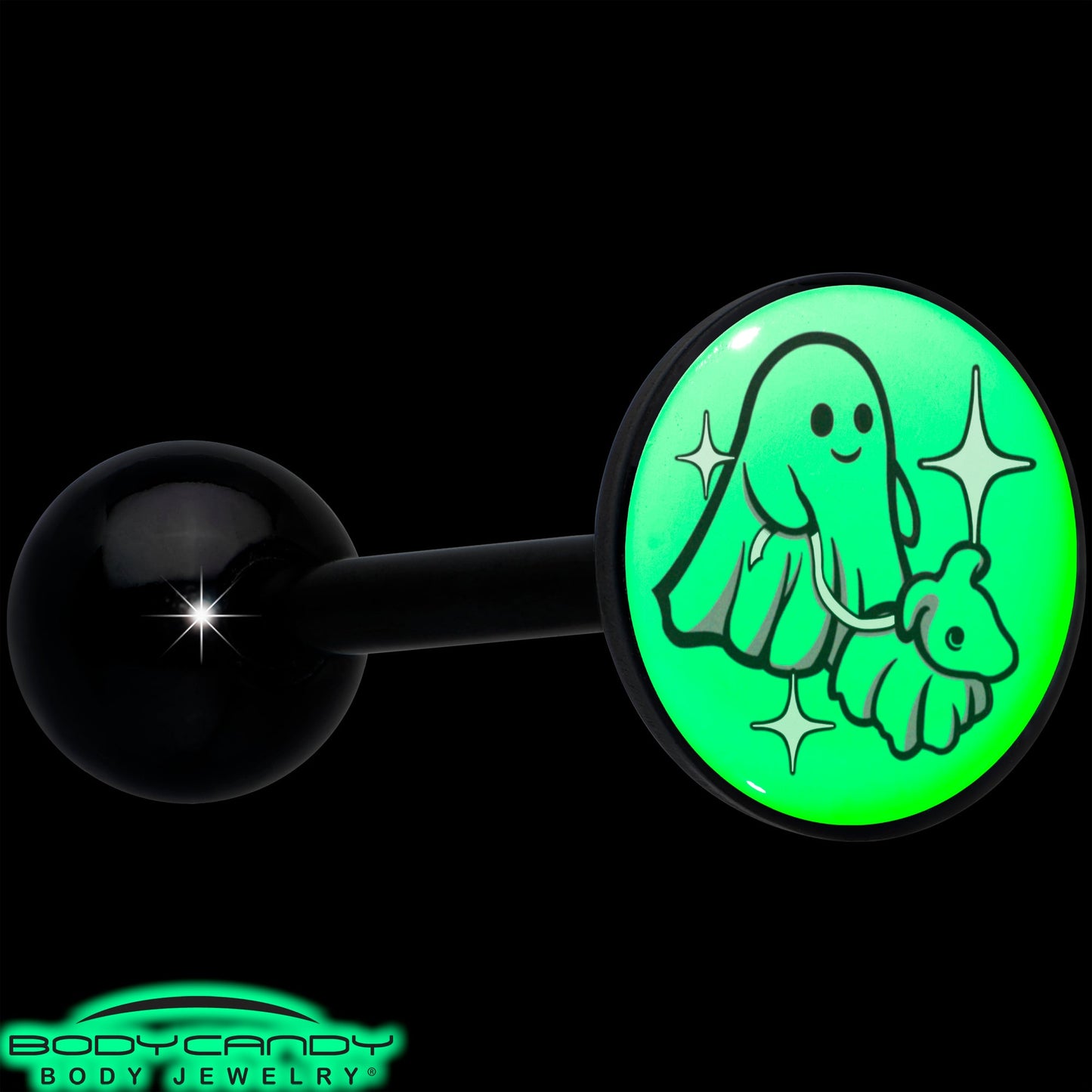 Glow in the Dark Black Anodized Halloween Ghost and Dog Barbell Tongue Ring by Onyx O
