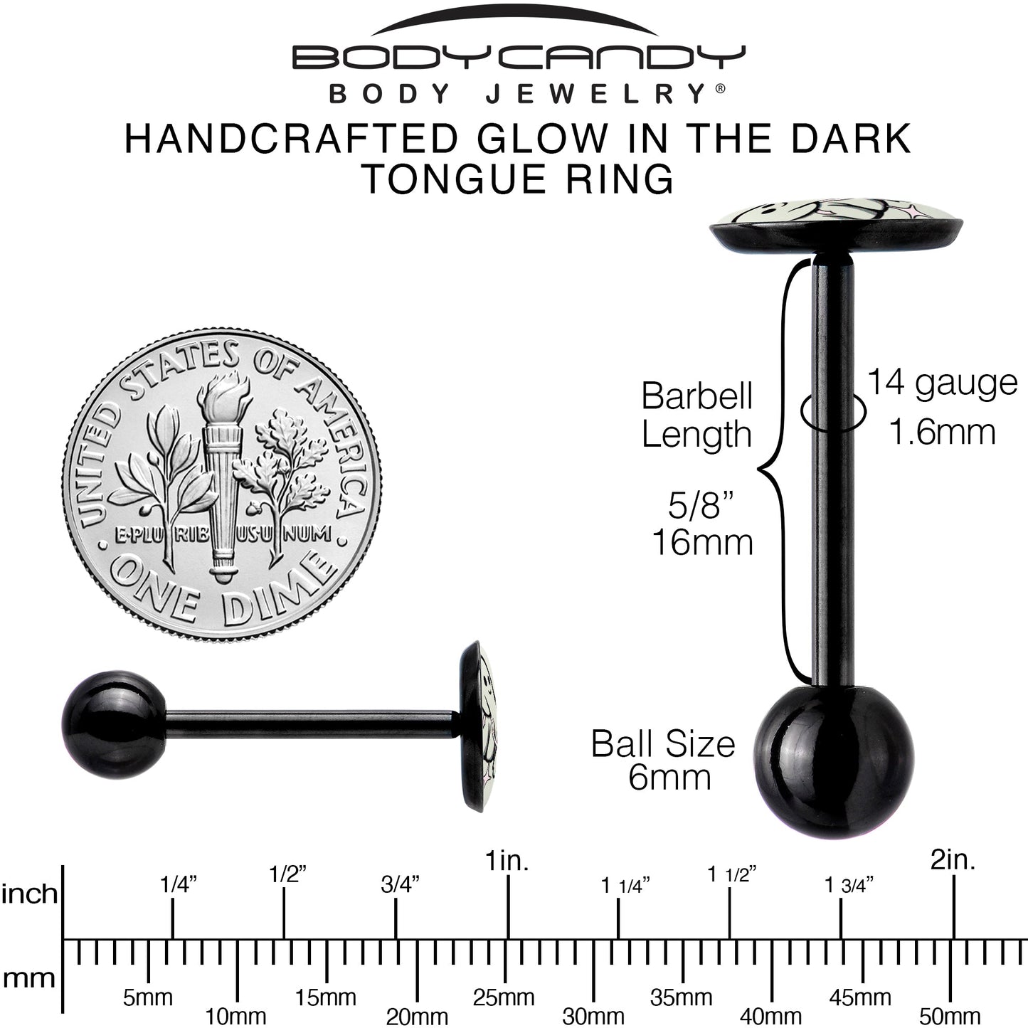 Glow in the Dark Black Anodized Halloween Ghost and Dog Barbell Tongue Ring by Onyx O