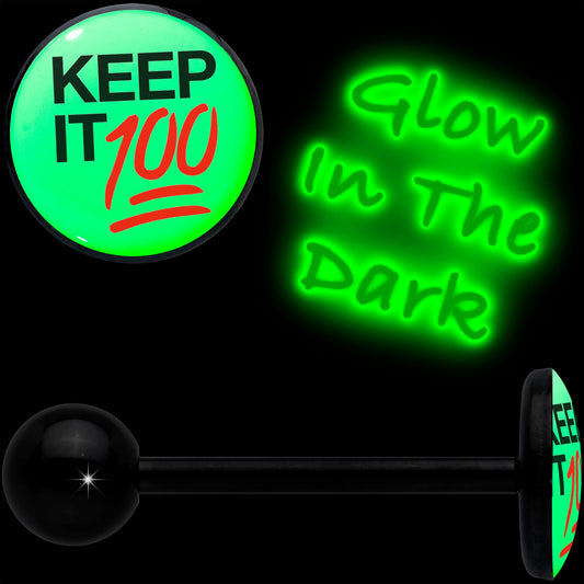 Glow in the Dark Black Anodized Keep it 100 Barbell Tongue Ring by Onyx O