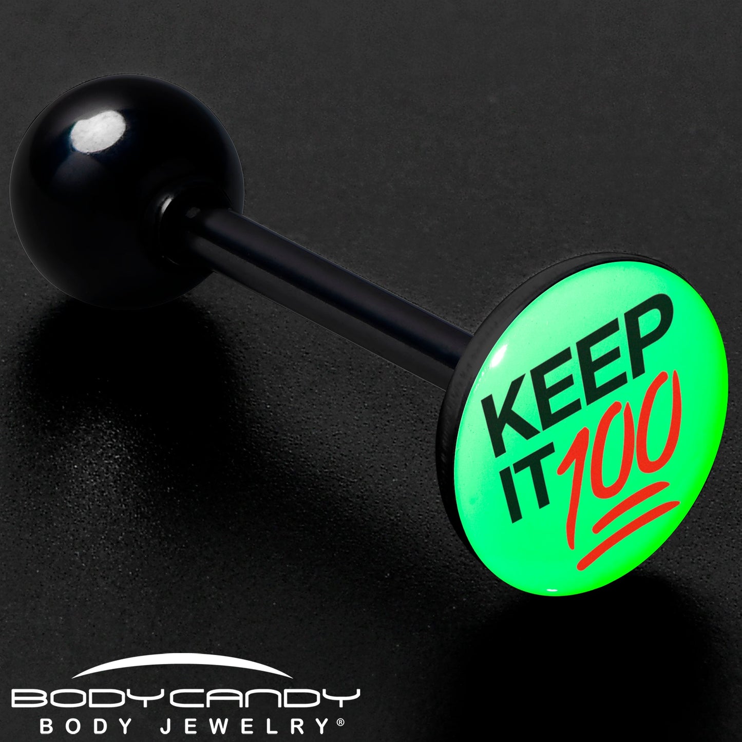 Glow in the Dark Black Anodized Keep it 100 Barbell Tongue Ring by Onyx O