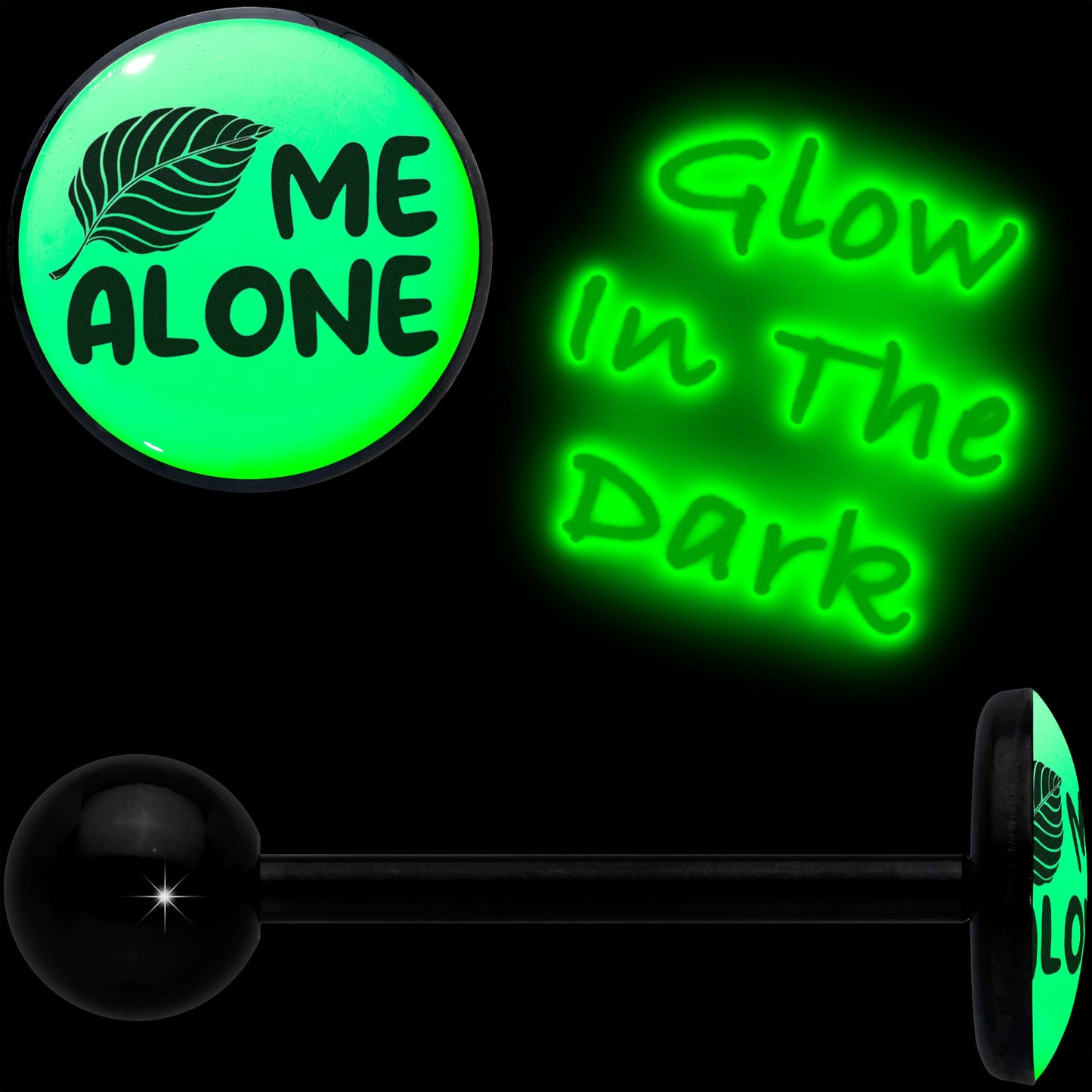 Glow in the Dark Black Anodized Leaf Me Alone Barbell Tongue Ring by Onyx O