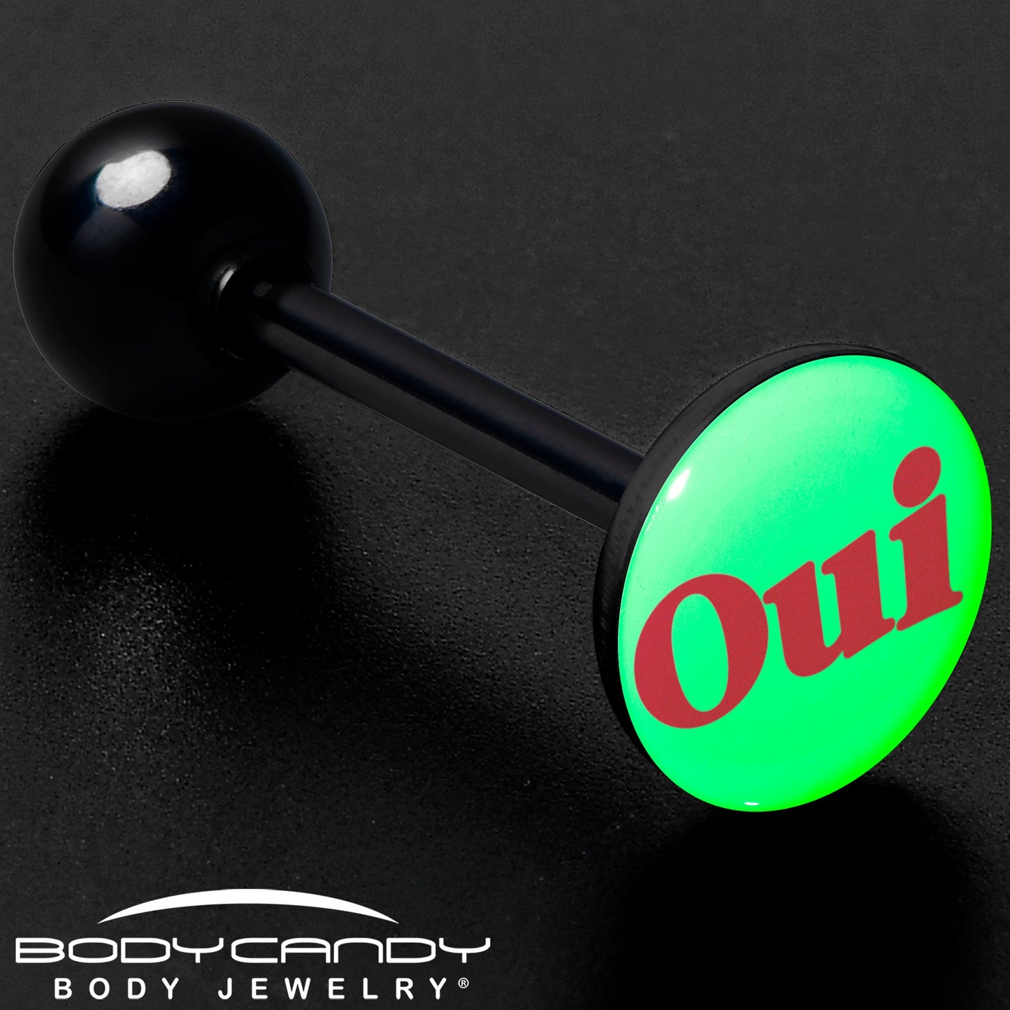 Glow in the Dark Black Anodized OUI Barbell Tongue Ring by Onyx O
