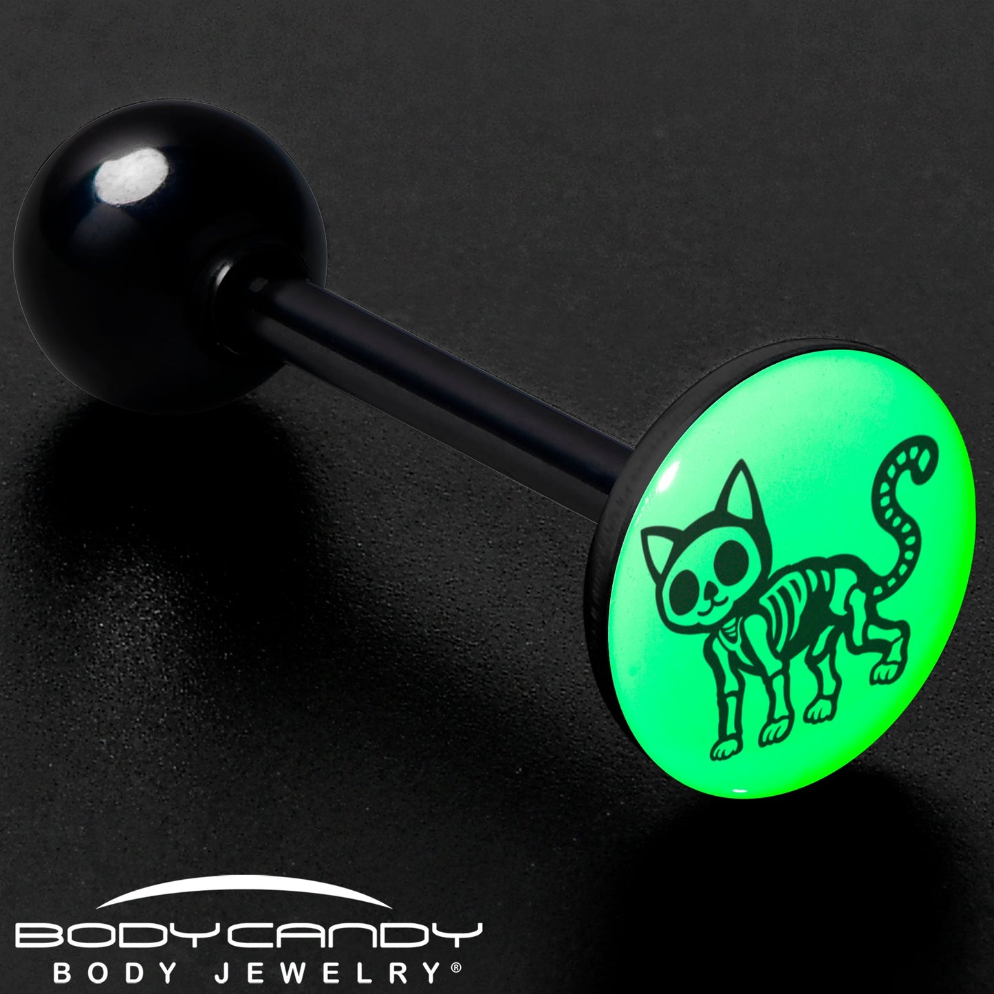 Glow in the Dark Black Anodized Skeleton Kitty Cat Barbell Tongue Ring by Onyx O