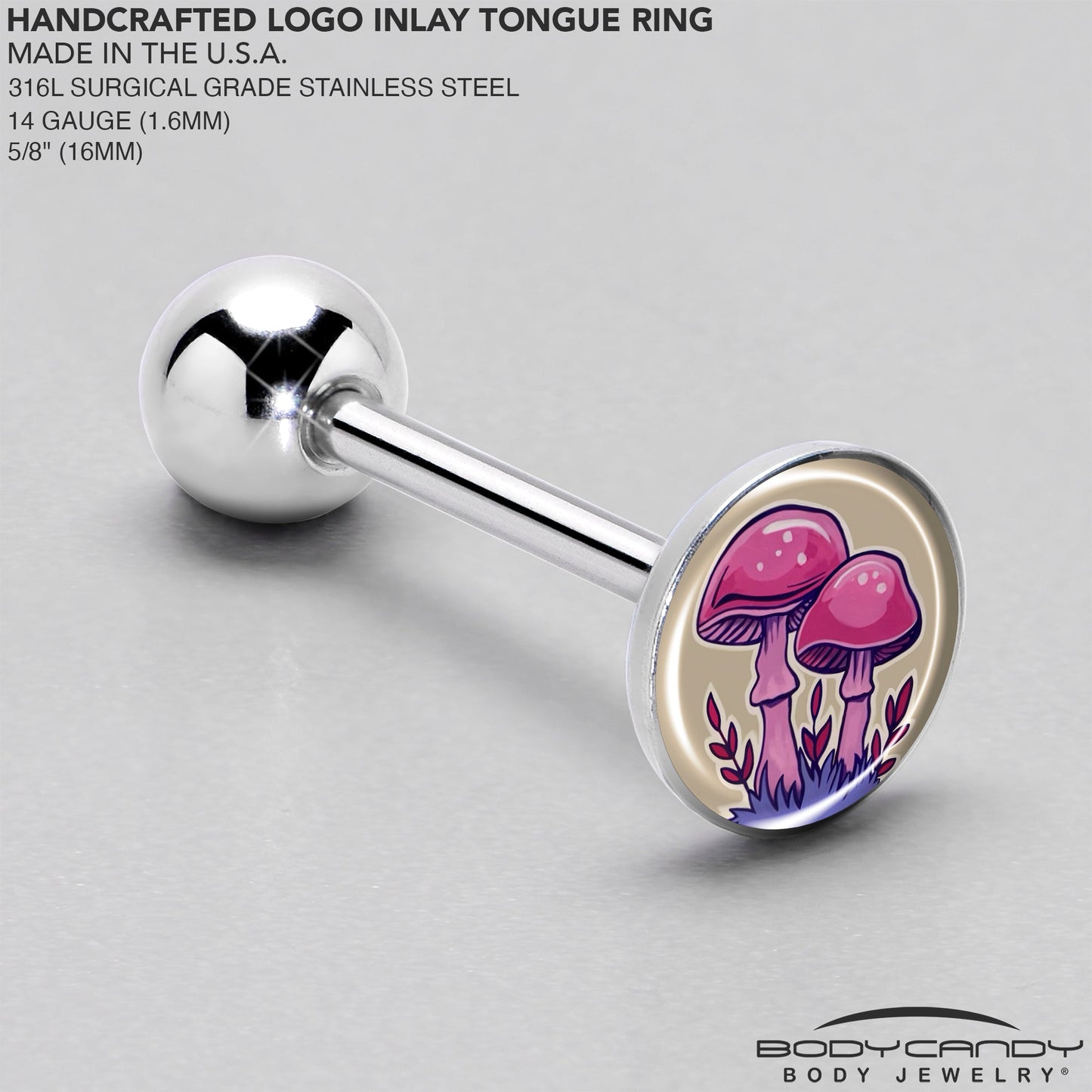 Artist Drawn Pink Mushrooms Barbell Tongue Ring by Onyx O