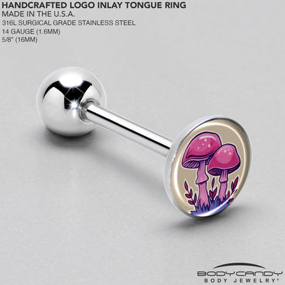 Artist Drawn Pink Mushrooms Barbell Tongue Ring by Onyx O