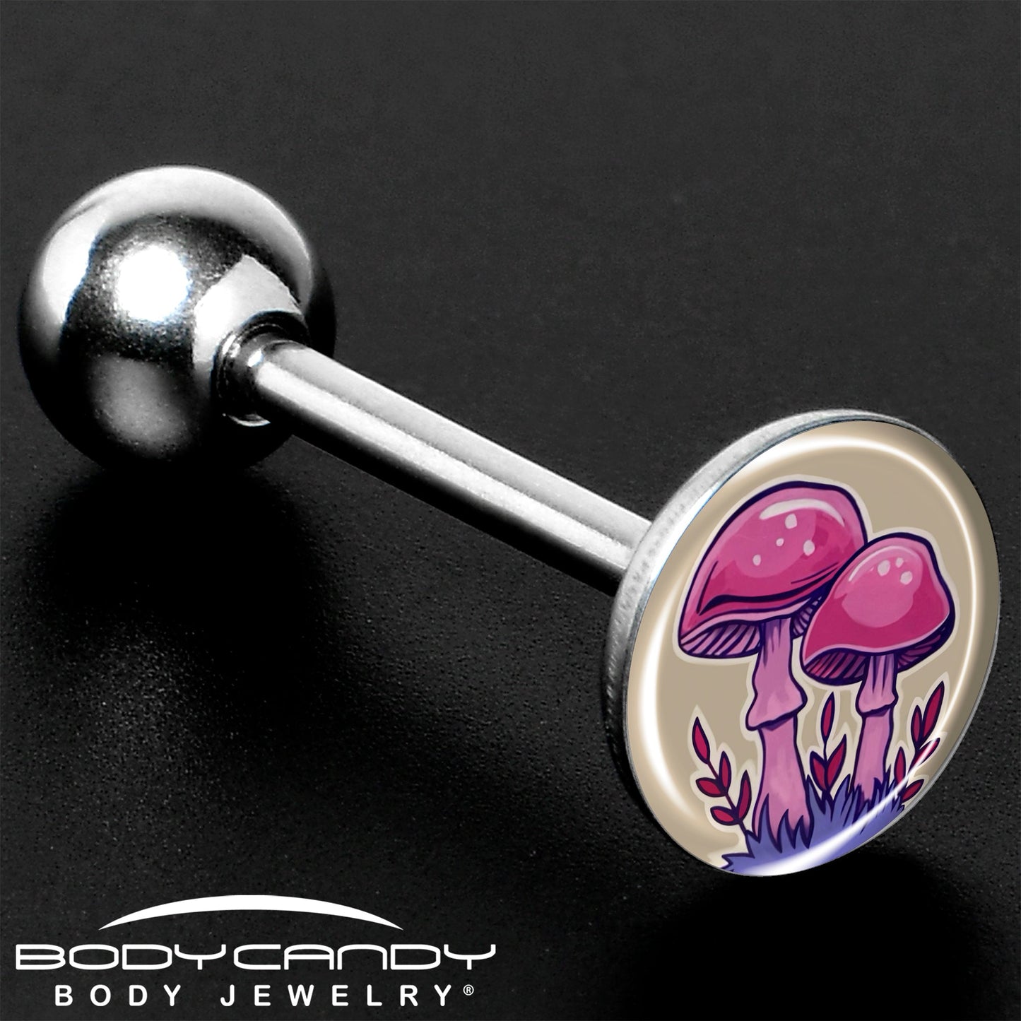 Artist Drawn Pink Mushrooms Barbell Tongue Ring by Onyx O